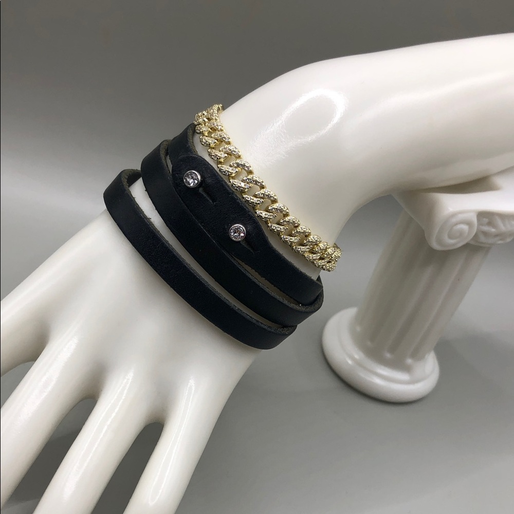 Tulsi Italian Leather Long Wrap Bracelet w Crystals + Sparkling Chain Bracelet.